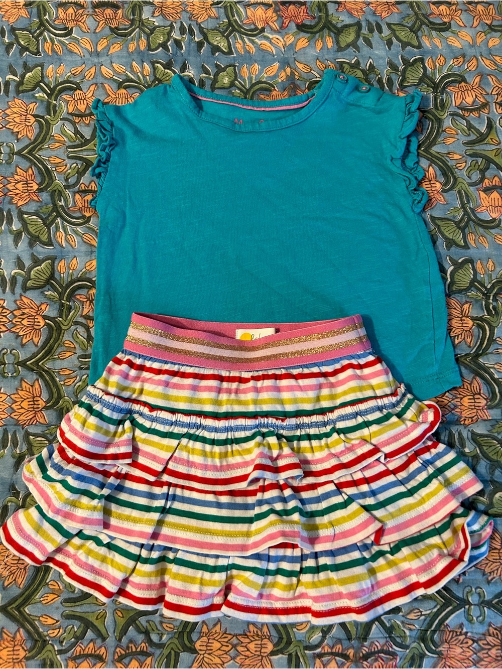Mini Boden Teal Top with Multicolor Striped Ruffle Skirt